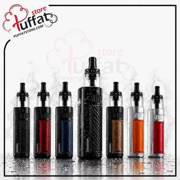 Collection of vape devices on a reflective surface with 'Puffat' branding.