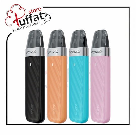 Four Voopoo vape devices in black, orange, blue, and pink on a white background with Puffat store logo.