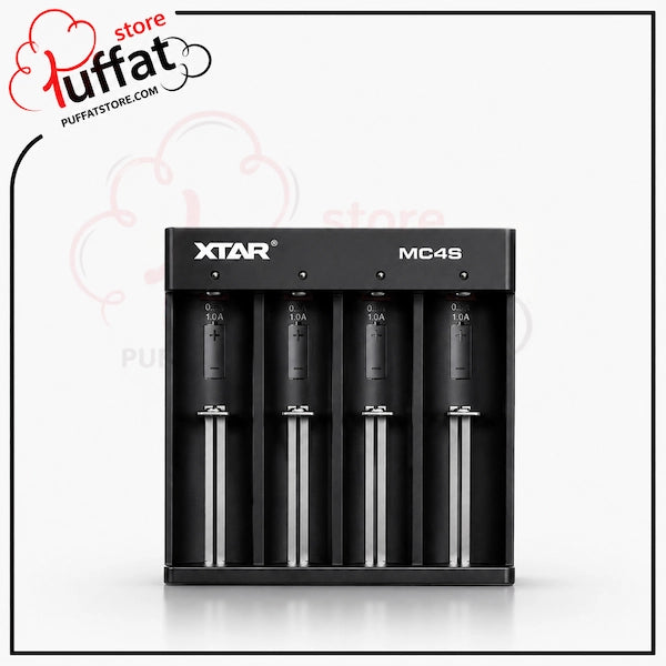 XTAR MC4S Type-C Li-ionNi-MH Battery Charger.webp shows an XTAR MC4S smart battery charger designed for Li-ion and Ni-MH batteries. The charger features a sleek black casing with four independent charging slots, each equipped with metallic spring-loaded sliders to accommodate various battery sizes.