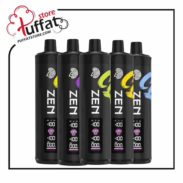 Five black 'ZEN' vape devices with digital displays on a white background, branded with 'Puffat'.