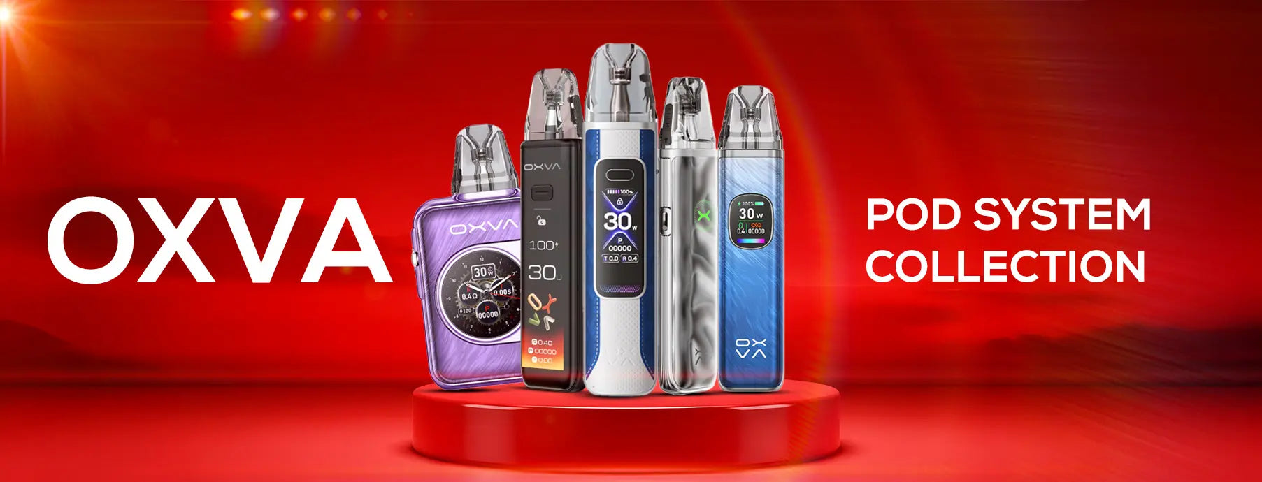 OXVA pod system collection on a red background