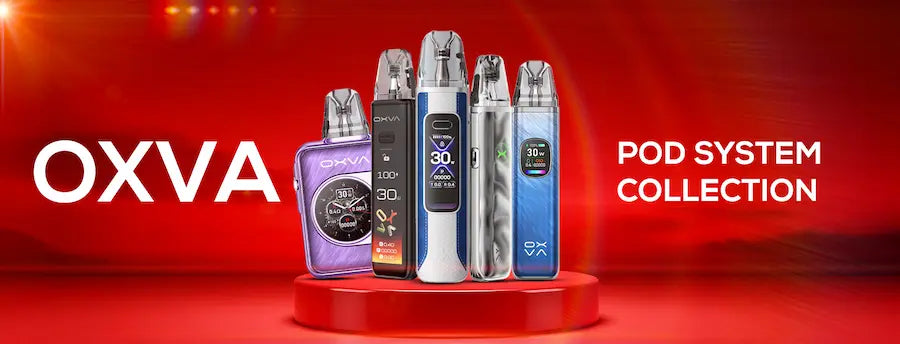 OXVA pod system collection on a red background