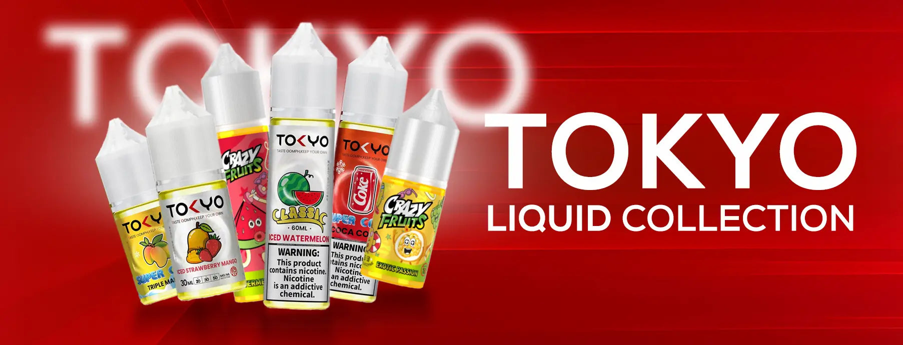 TOKYO Liquid Collection with various flavors on a red background