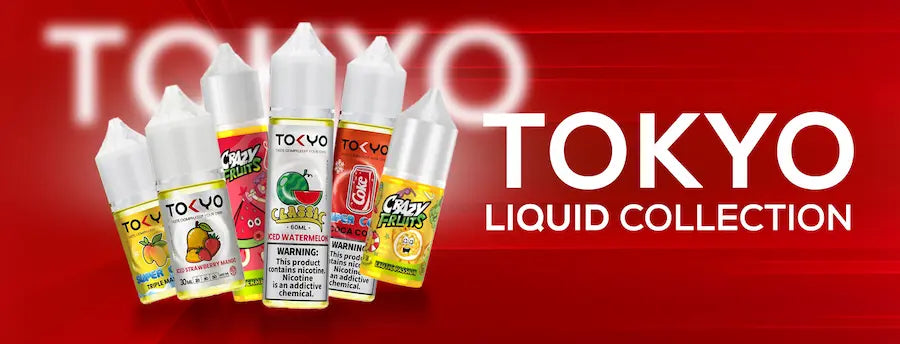 TOKYO Liquid Collection with various liquid bottles on a red background