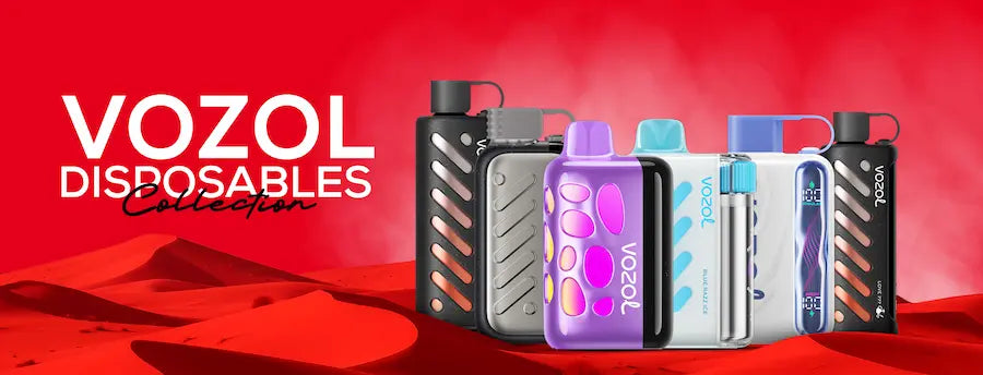 VOZOL disposables collection on a red background