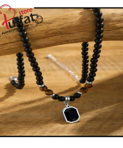 1pc Tiger's Eye Beaded Pendant Necklace With Black Square Rhinestone For Men