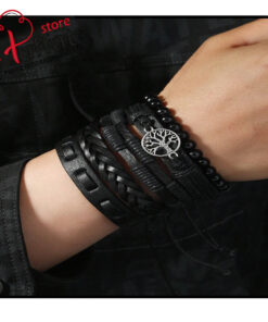 5pcs Punk Style Black Leather Tree Of Life Beaded Bracelets