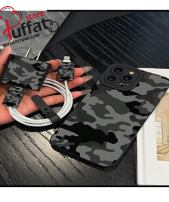 Black & Gray Camouflage IPhone Protective Case + Charger Cable Management Set