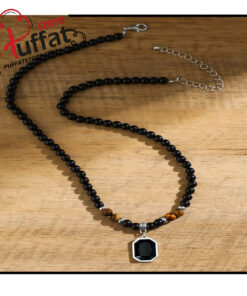 Alternative view of 1pc Tiger's Eye Beaded Pendant Necklace With Black Square Rhinestone For Men