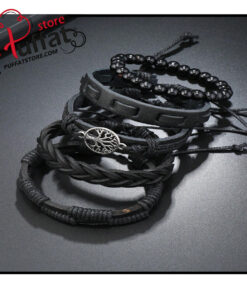 Alternative view of 5pcs Punk Style Black Leather Tree Of Life Beaded Bracelets